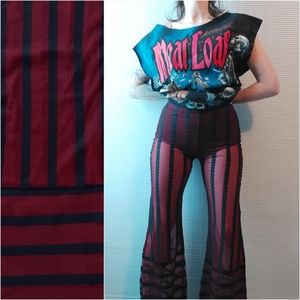 Mesh High Waist Flare Leg Pants Small Black Burgundy Sheer Stripe